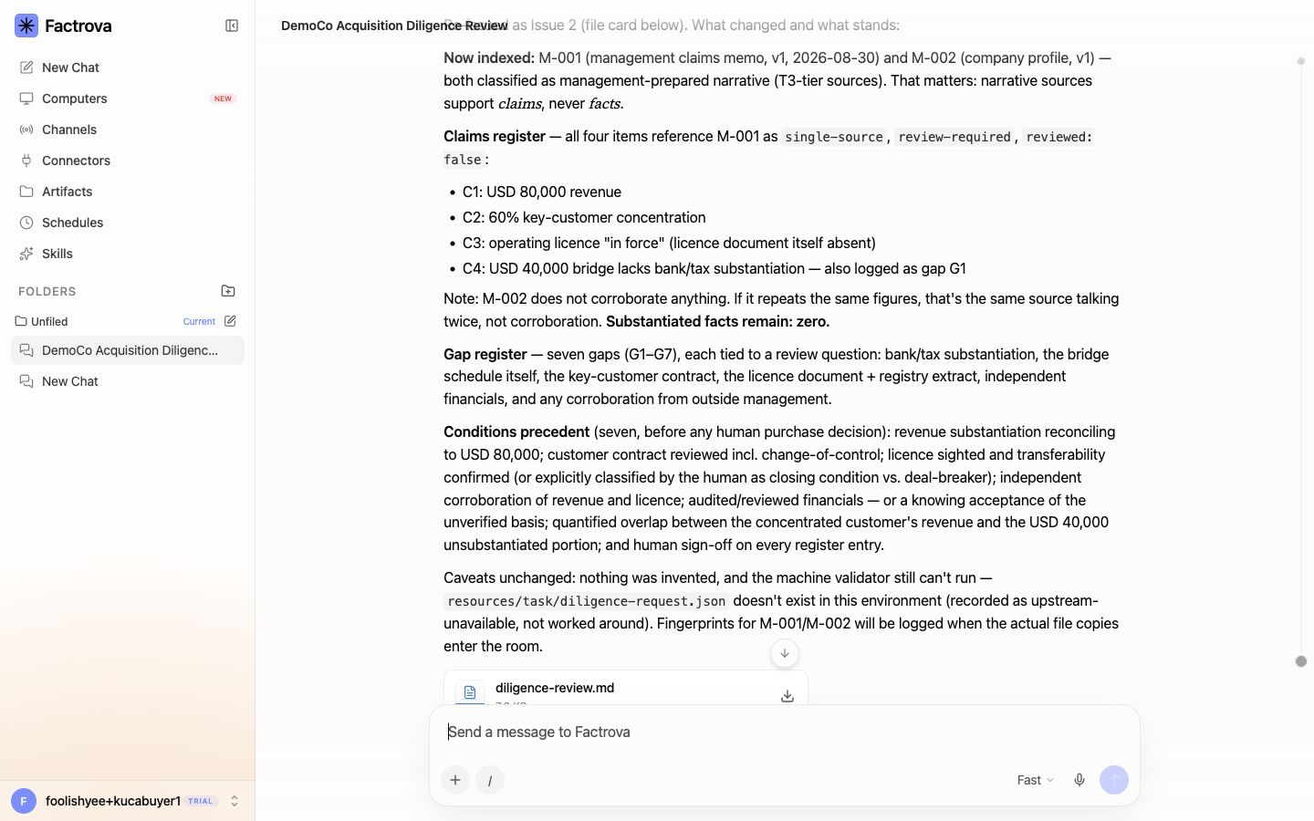 Factrova diligence review separating evidence gaps from purchase conditions